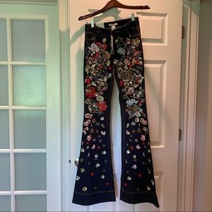 Alice + Olivia Embroidered Dark Wash Flare Jeans